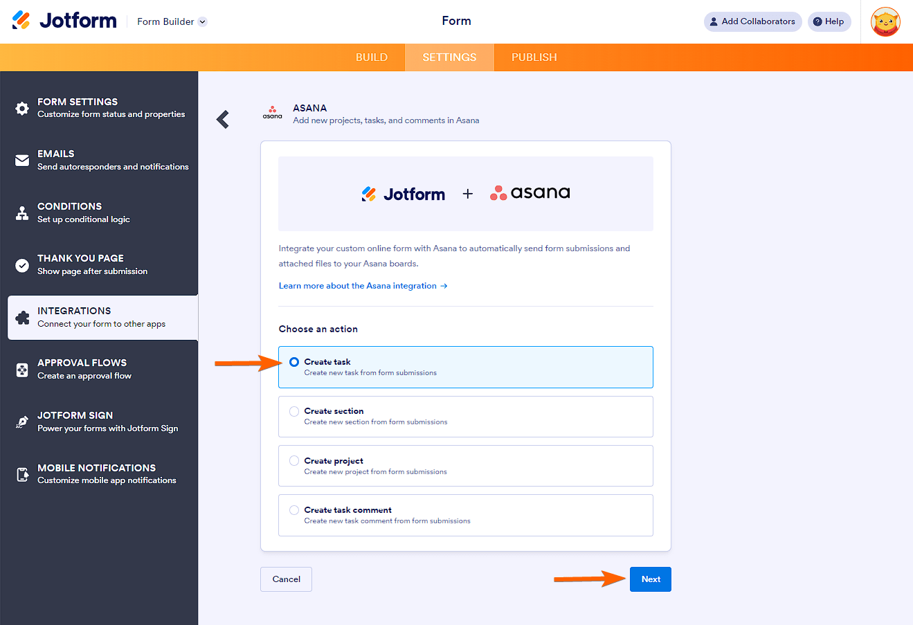 Elegir una acción y el botón Siguiente en la configuración de integración de Asana