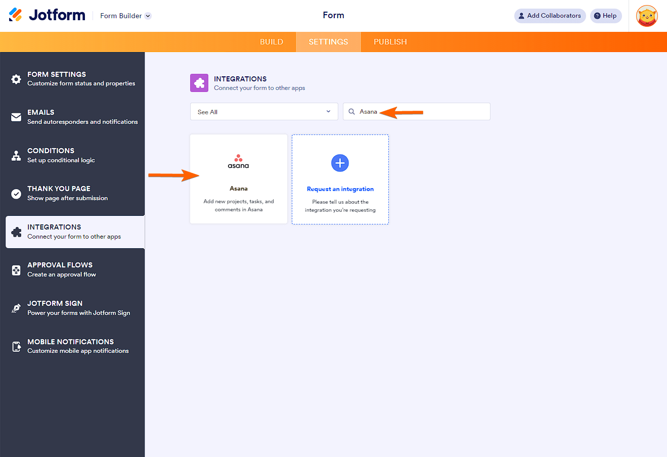 Opción de Asana en la sección de Integraciones del Creador de Formularios de Jotform