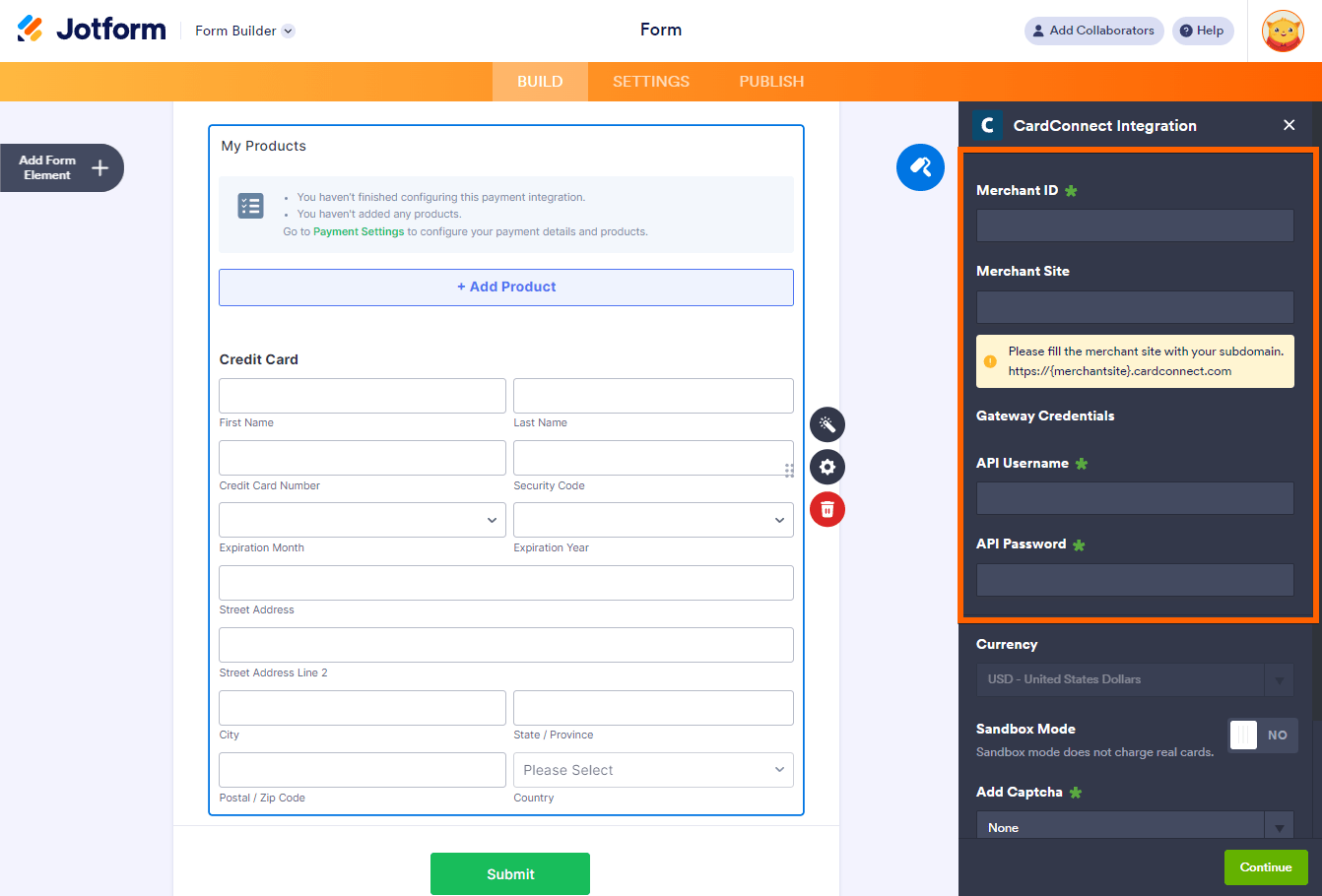 ID del Comerciante, Sitio, Nombre de usuario de la API y Contraseña en la configuración de integración de CardConnect