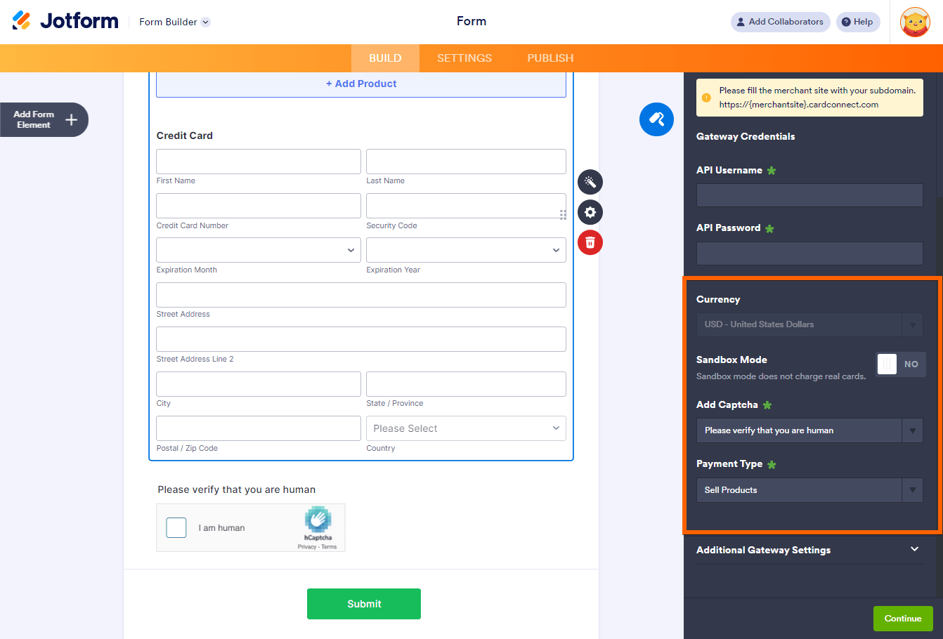 Opciones de Moneda, Modo Sandbox, Agregar Captcha y Tipo de Pago en la configuración de integración de CardConnect