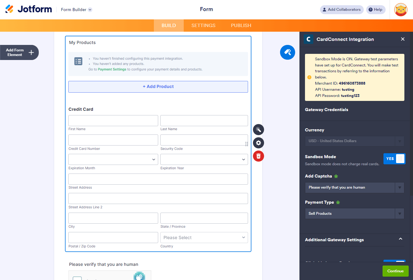 Modo Sandbox habilitado en la configuración de integración de CardConnect