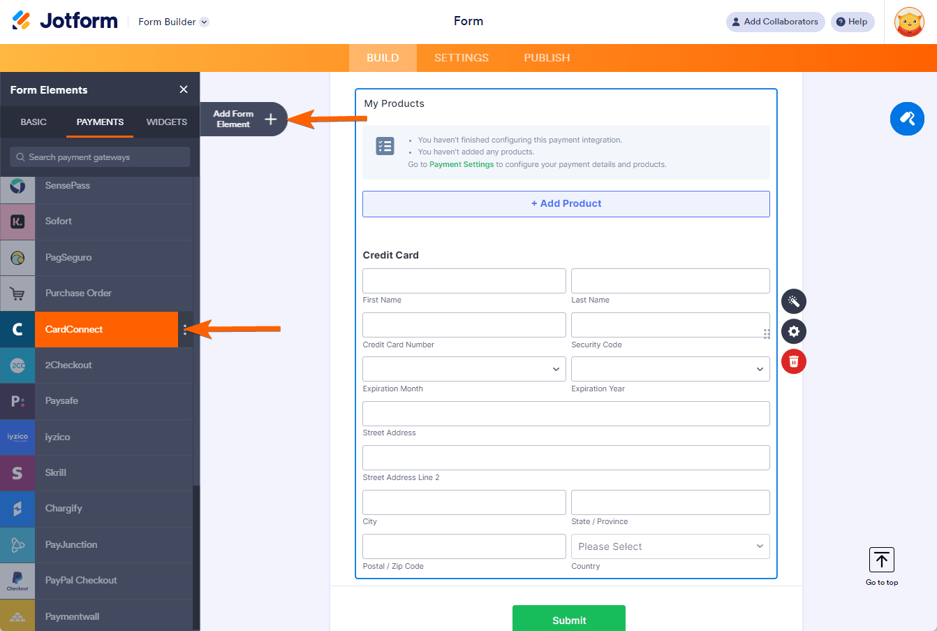 Pasarela de pago de CardConnect en el Creador de Formularios de Jotform