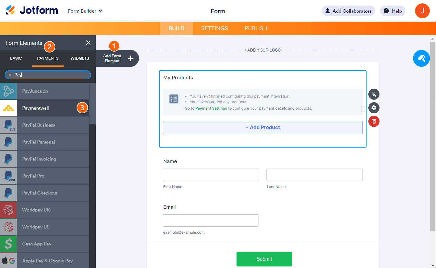 Creador de Formularios de Jotform mostrando el botón Añadir Elemento de Formulario, pestaña de Pagos y la pasarela de pago Paymentwall