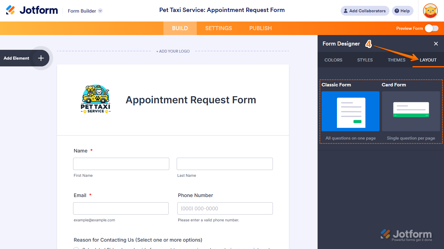 Classic Form and Card Form options in the Layout tab of the Form Designer window in the Jotform Form Builder