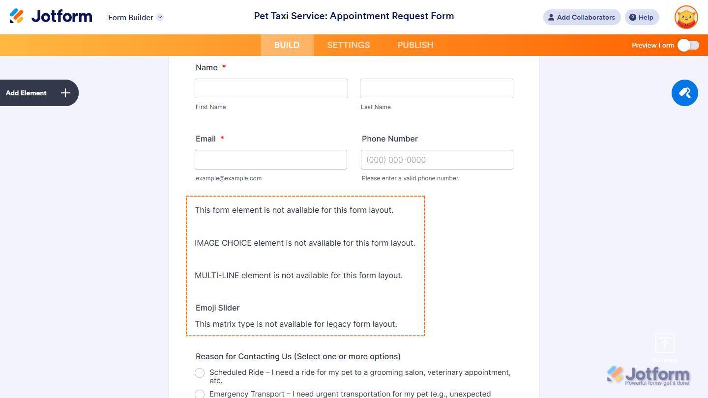 Unsupported field of a Classic Form in Jotform Form Builder