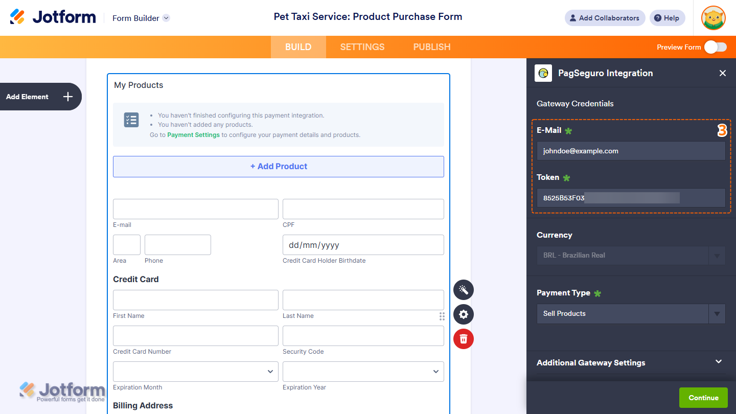 Gateway Credentials in the PagSeguro Integration window of the Jotform Form Builder