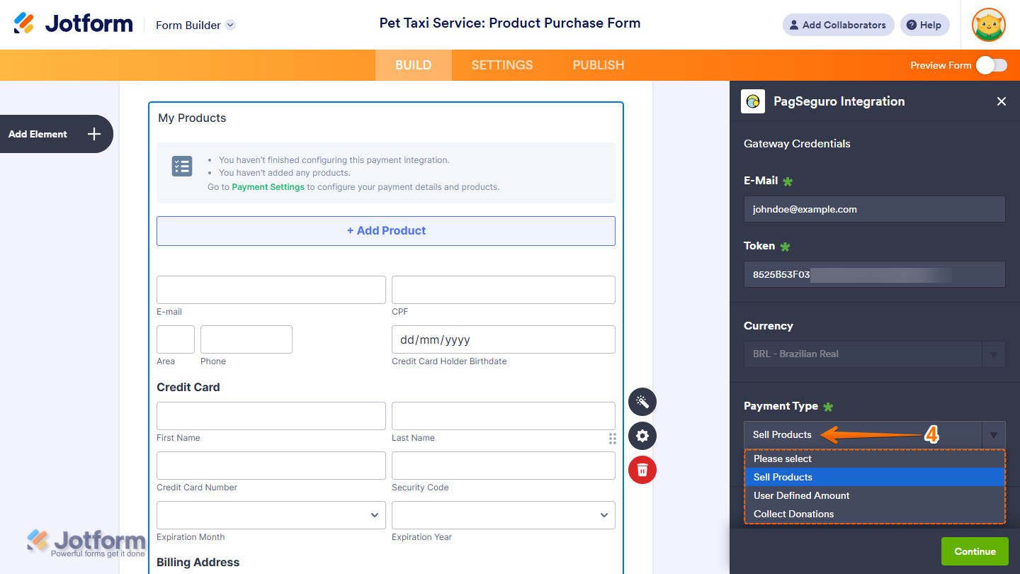 Payment Type Dropdown menu in the PagSeguro Integration window of the Jotform Form Builder
