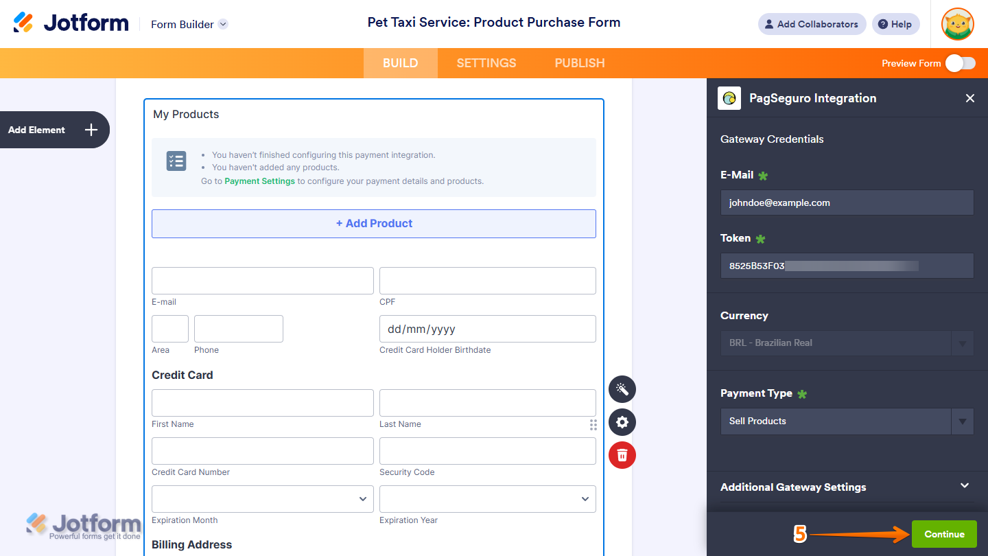 Continue button in the PagSeguro Integration window of the Jotform Form Builder