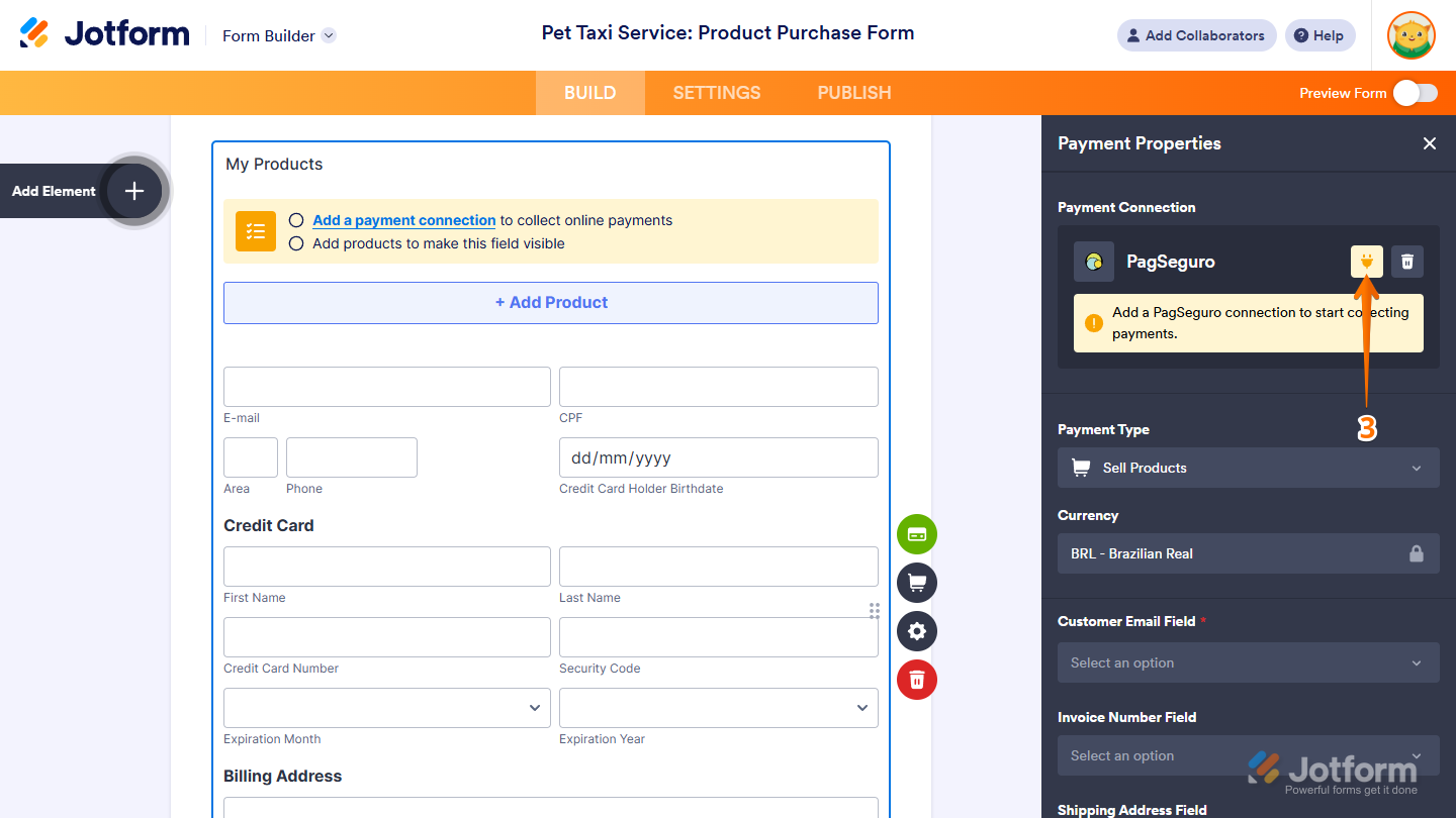 Plug icon in the PagSeguro Connection section of the Payment Properties window in the Jotform Form Builder