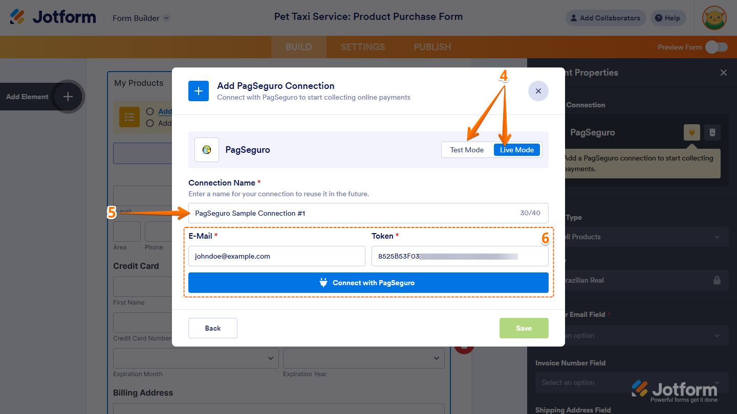 PagSeguro Integration settings in the Add PagSeguro Connection window in Jotform Form Builder