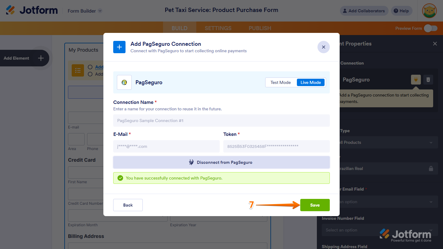 Save button in the Add PagSeguro Connection window in Jotform Form Builder