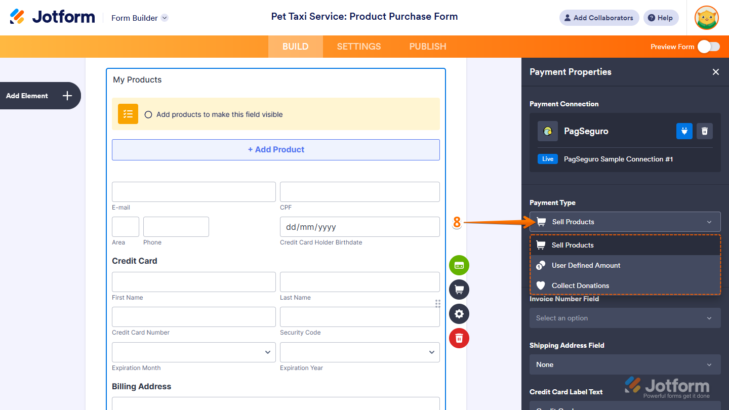 Payment Type settings in the PagSeguro Payment Properties window of Jotform Form Builder