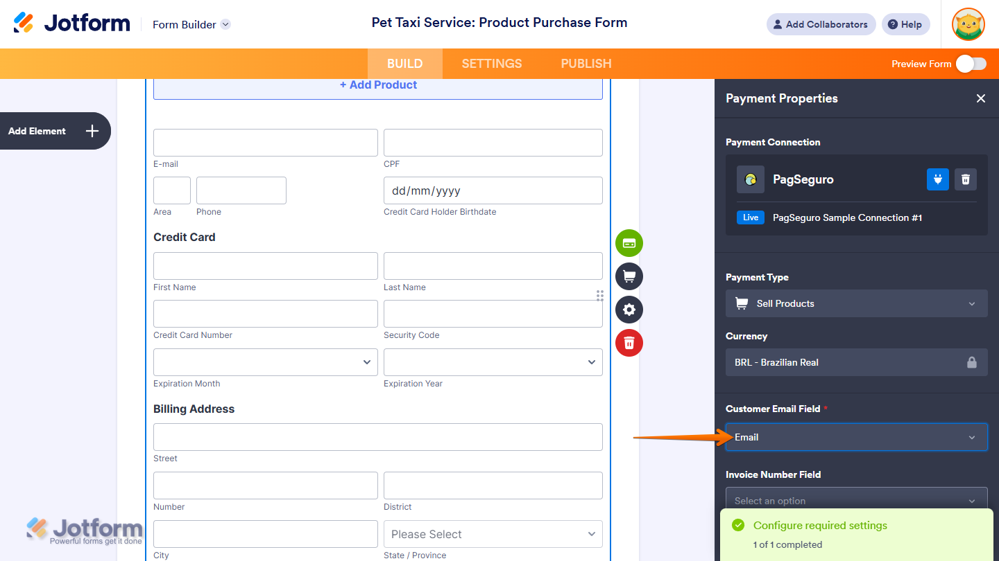 Customer Email Field in the in the PagSeguro Payment Properties window of Jotform Form Builder