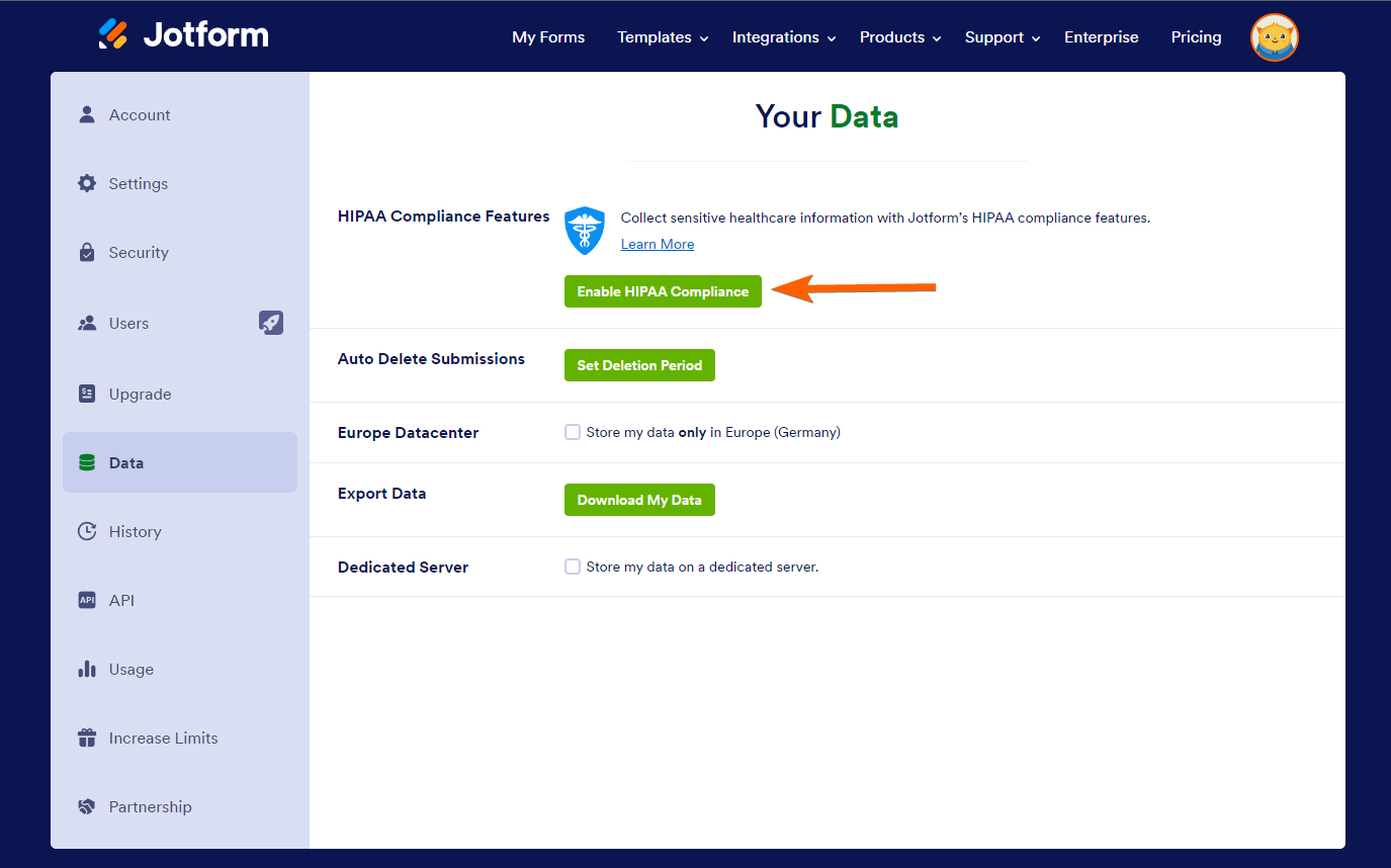 Data page showing the Enable HIPAA Compliance button