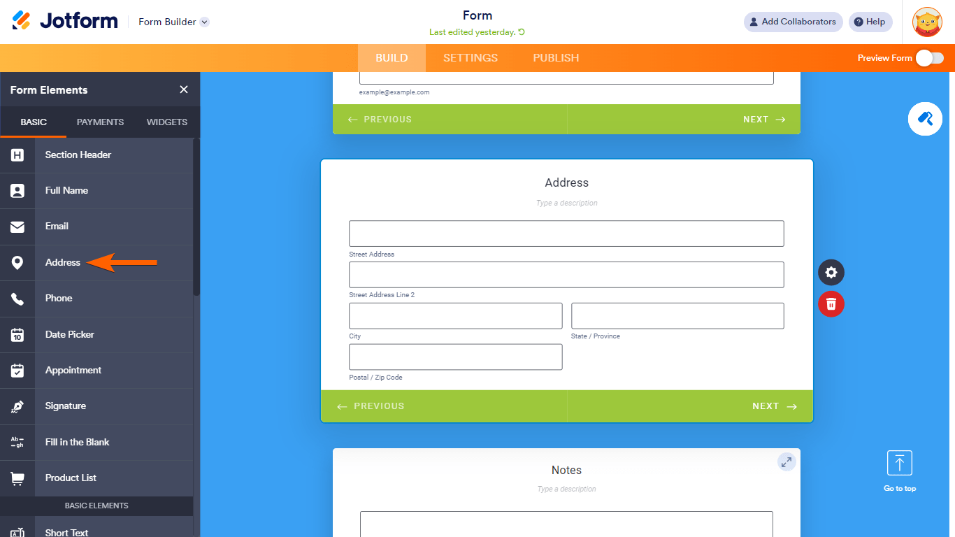 The Address element in Jotform Cards
