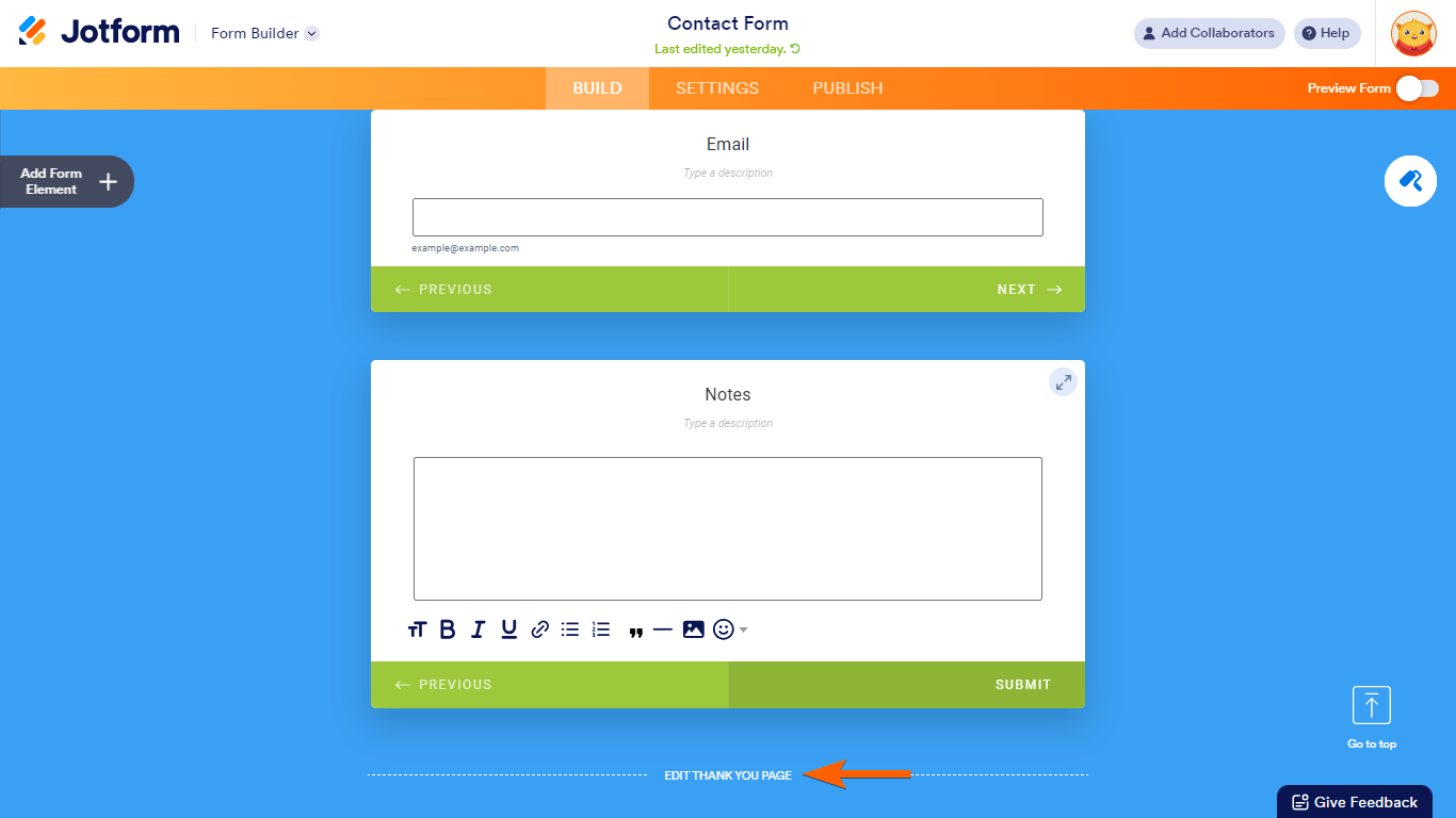 Step to edit the Thank You page in Jotform Cards