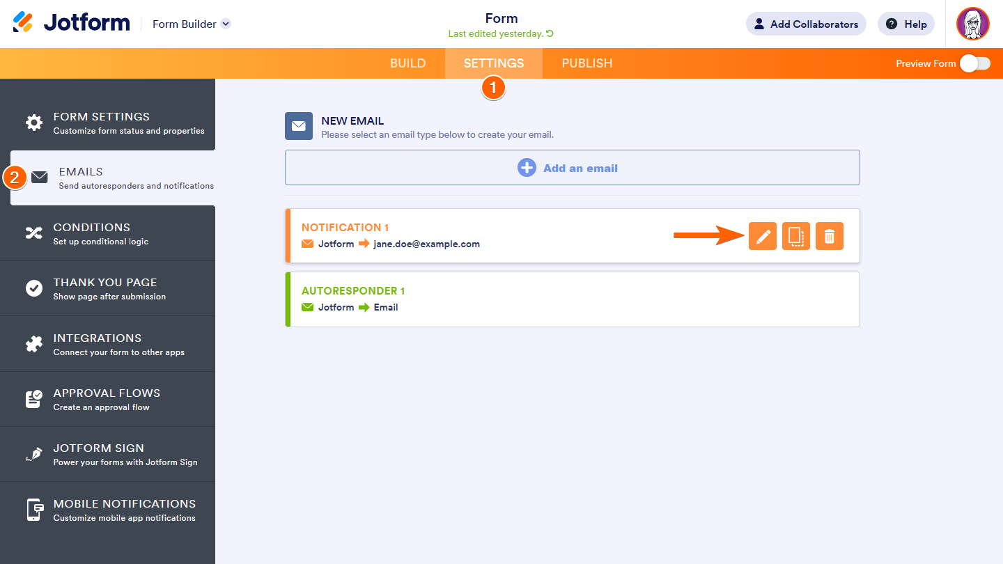 Steps to edit a notification in Jotform Form Builder