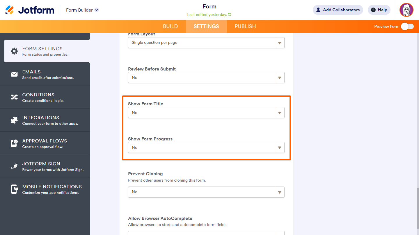 The Show Form Title and Show Form Progress options in Form Builder Settings