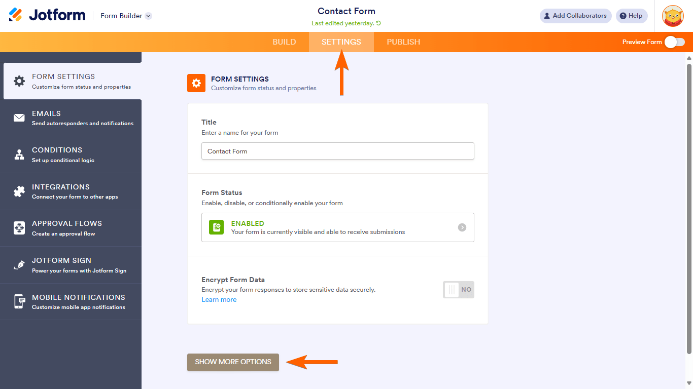 Steps to access more options in Jotform