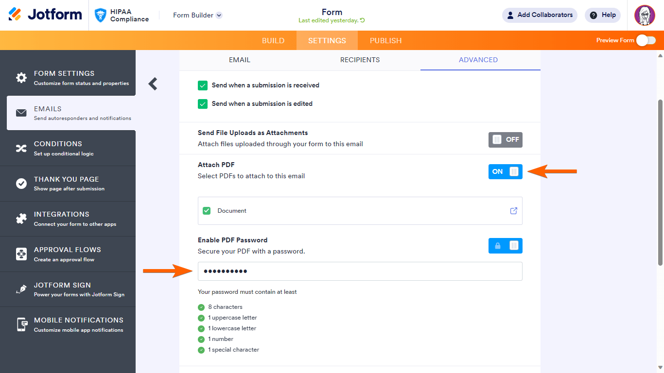Arrow guides to password-protect PDF attachments, for HIPAA, in Jotform Form Builder