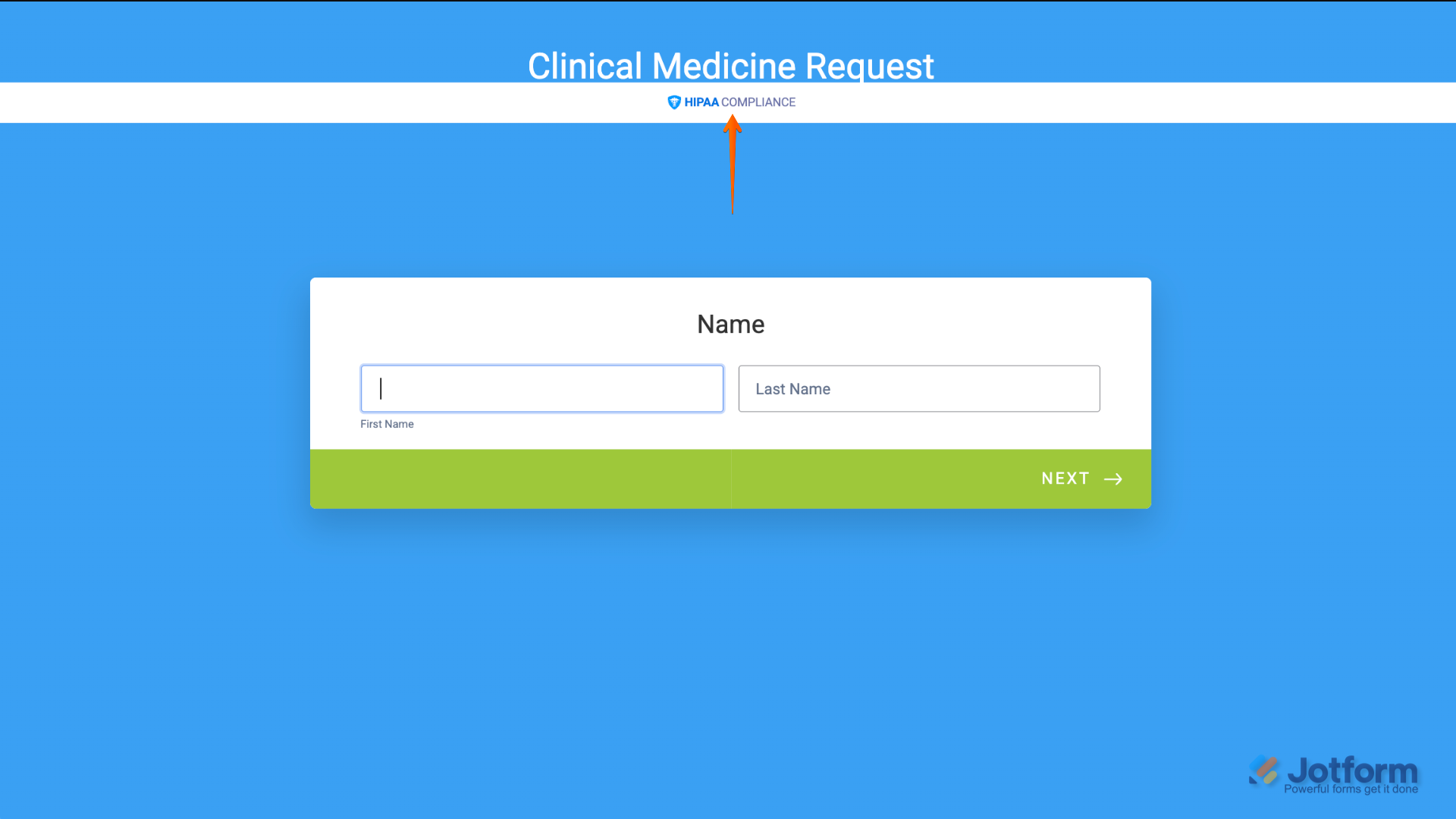 Card Form layout showing the HIPAA Compliance badge on the top bar of the first page when the welcome page is removed