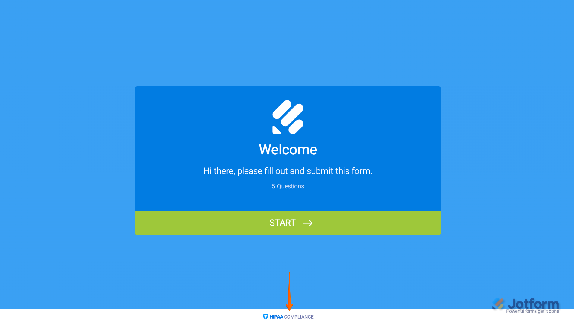 HIPAA Compliance badge displayed at the bottom of the Welcome page in form’s Card Form layout