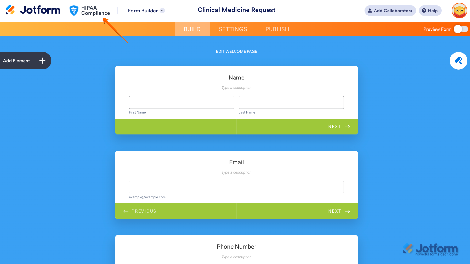 HIPAA Compliance badge shown in the upper-left corner of Jotform Form Builder interface
