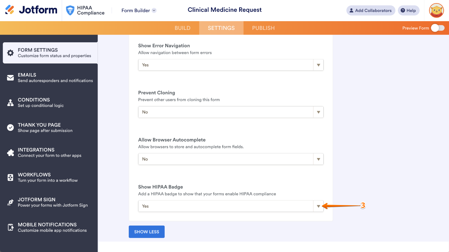 Selecting "Yes" from the Show HIPAA Badge dropdown menu in form settings
