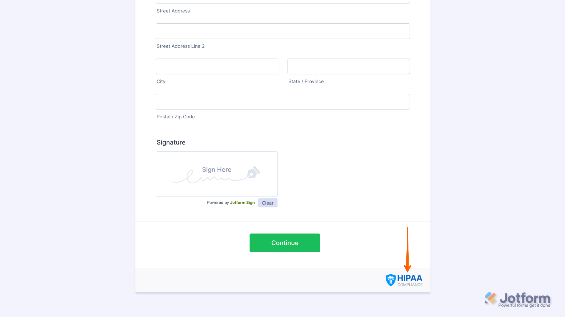 HIPAA Compliance badge displayed at the bottom of a form using the Classic Form layout