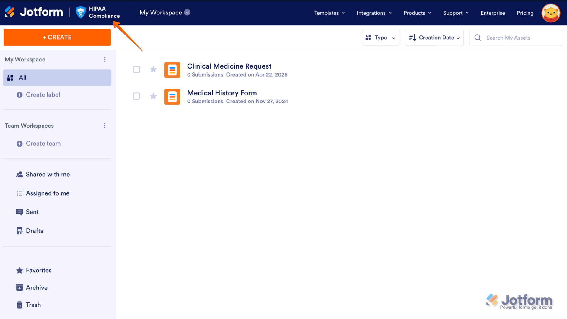 HIPAA Compliance badge displayed on My Workspace page