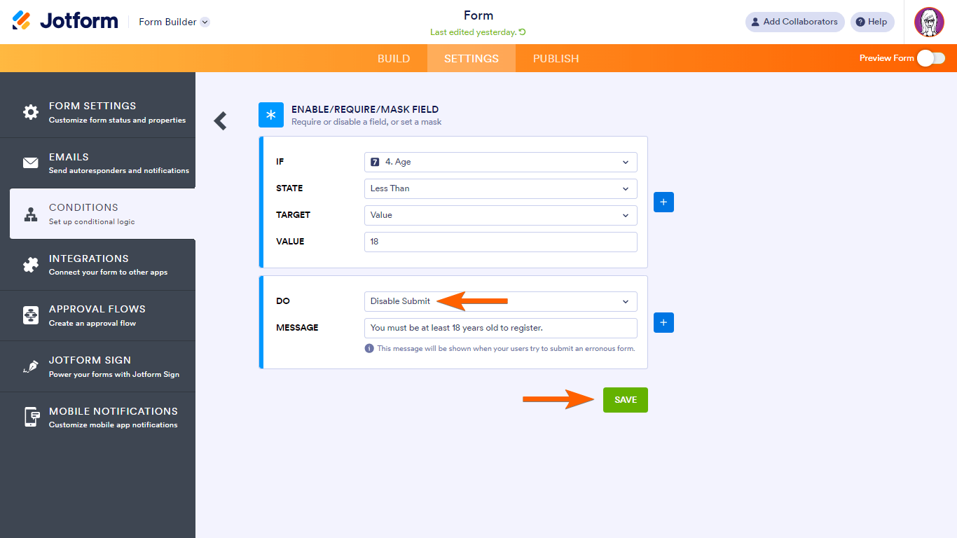 Una condición de Deshabilitar Enviar en las Tarjetas de Jotform