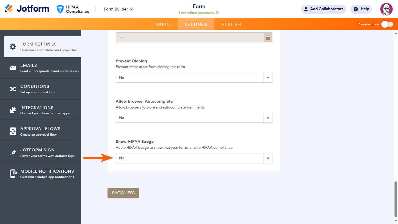A disabled Show HIPAA Compliant Badge option in Jotform Form Builder