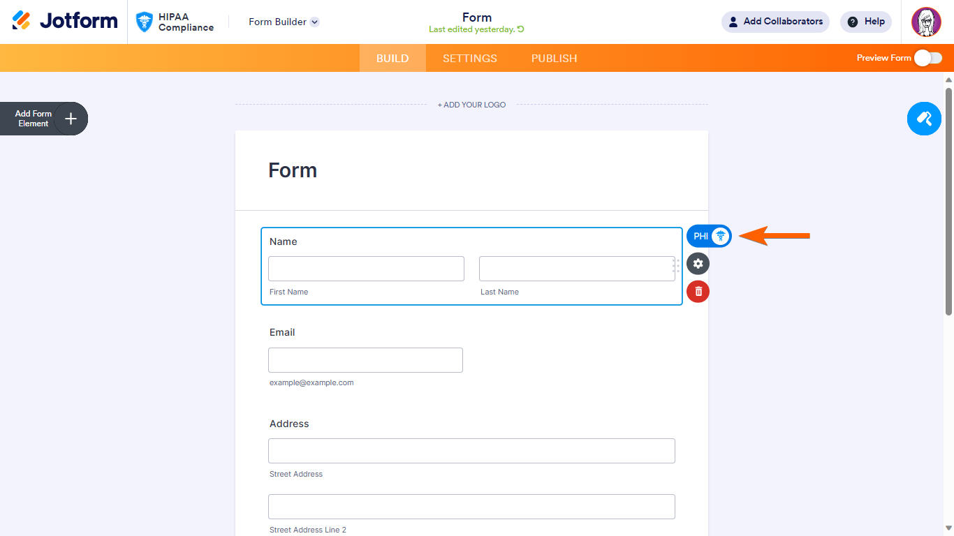 A PHI switch in Jotform Form Builder