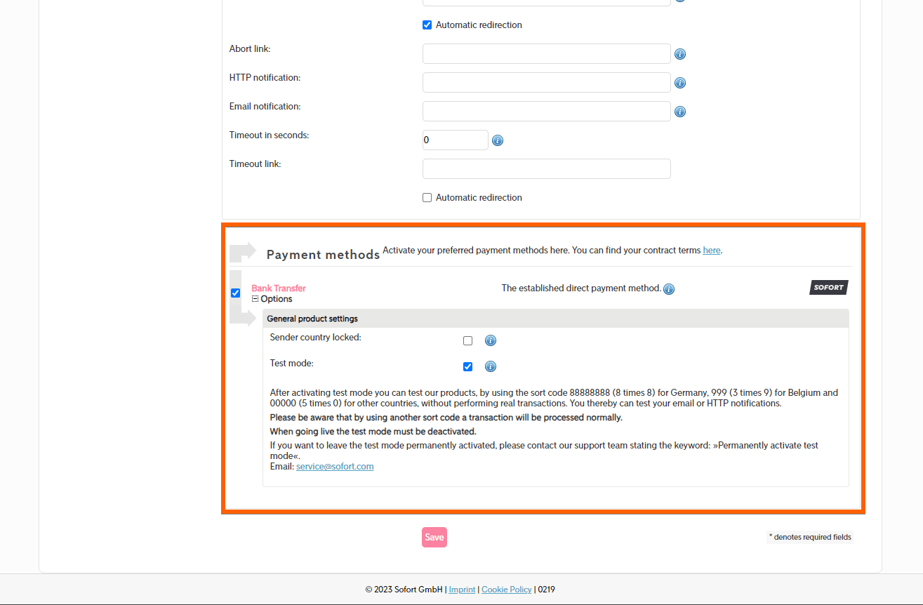 Payment method section of a new Sofort project