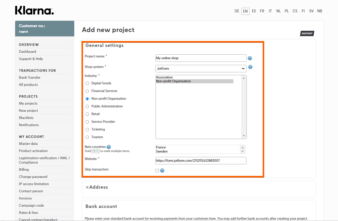 Project details of a newly created project with Sofort