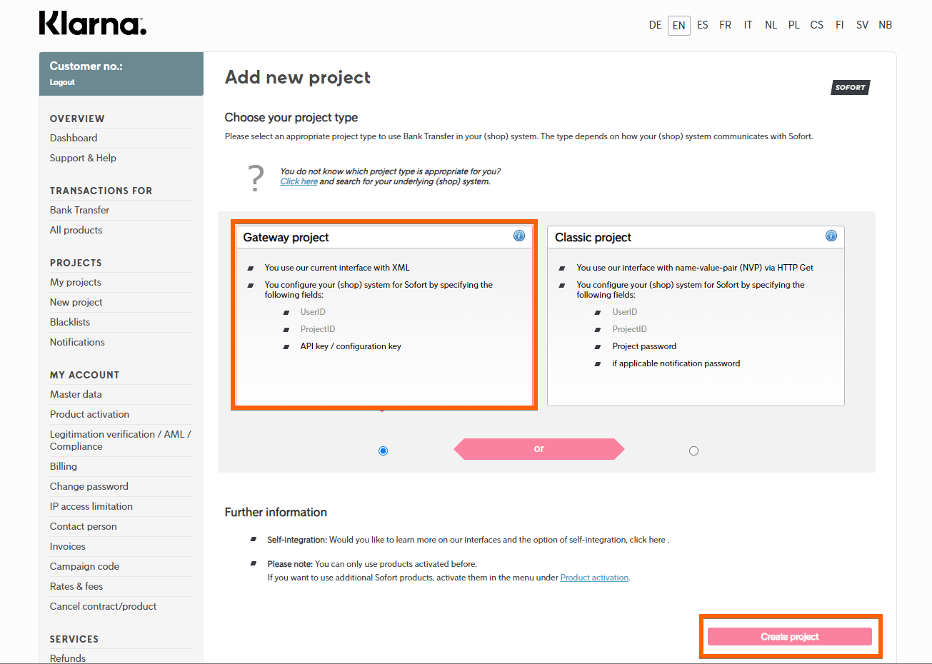 Project type selection when creating a new project with Sofort