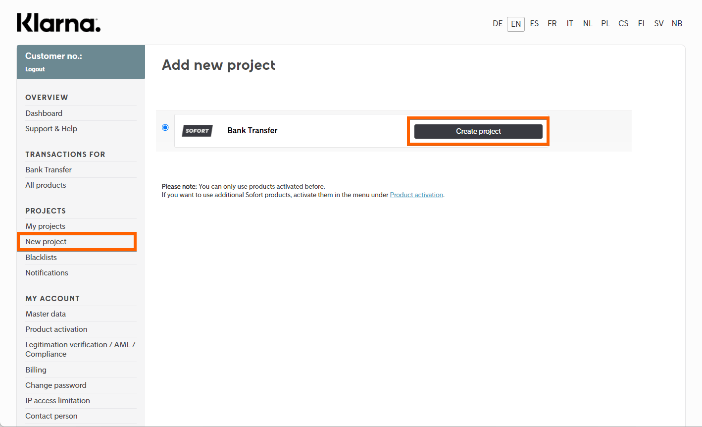 Create new project menu of Sofort dashboard