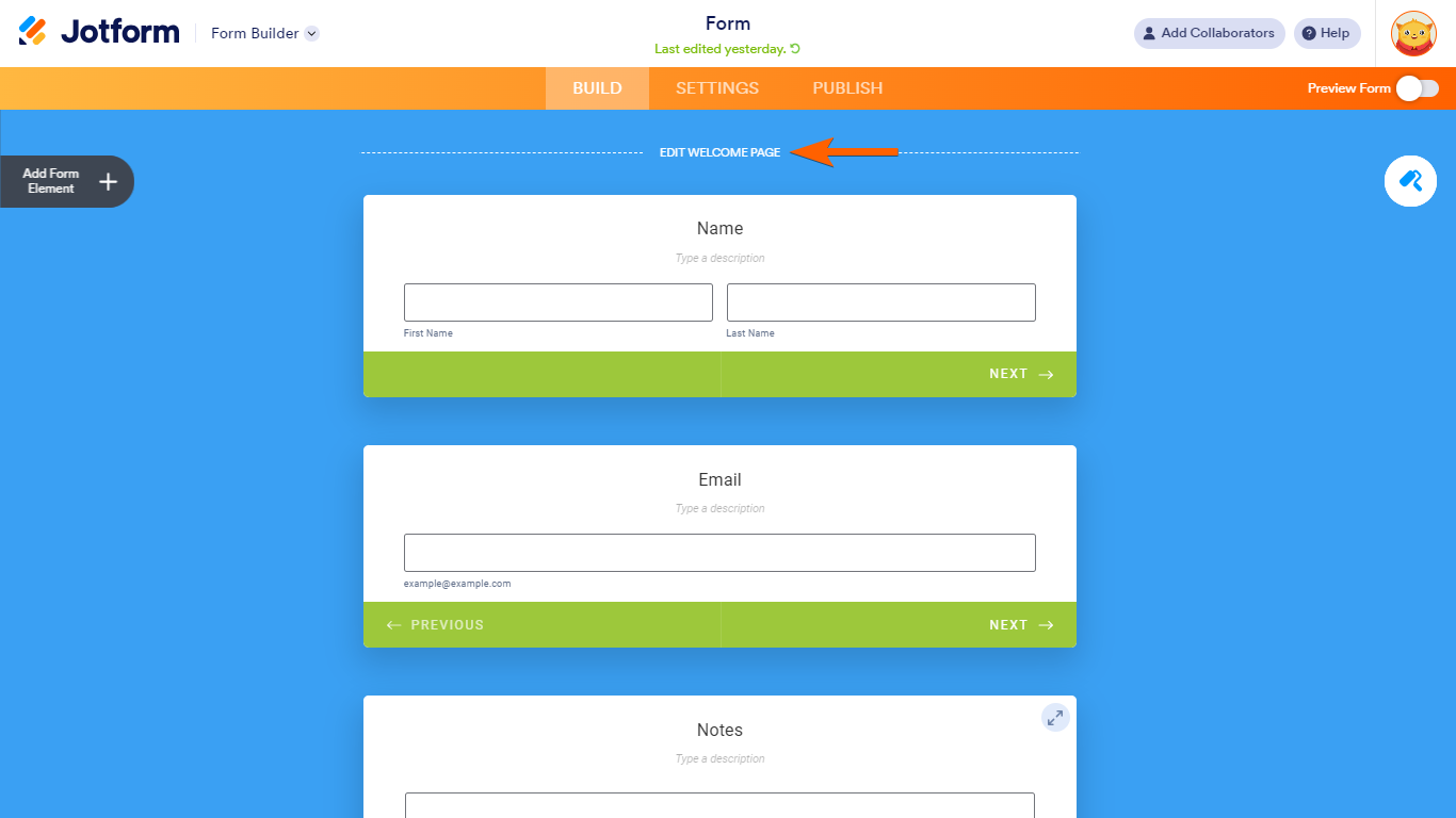 El enlace Editar página de bienvenida en Jotform Card