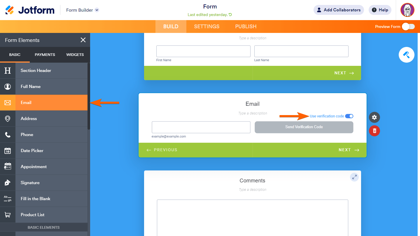 La opción Usar código de verificación en el elemento de Email del Creador de Formularios de Tarjeta de Jotform