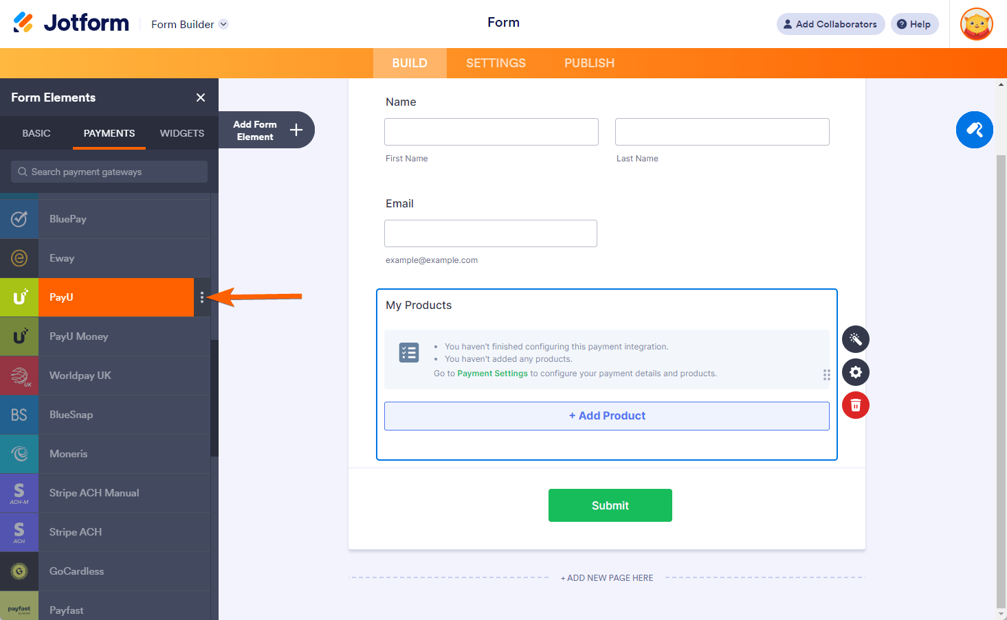 Pasarela de pago PayU en el Constructor de Formularios de Jotform