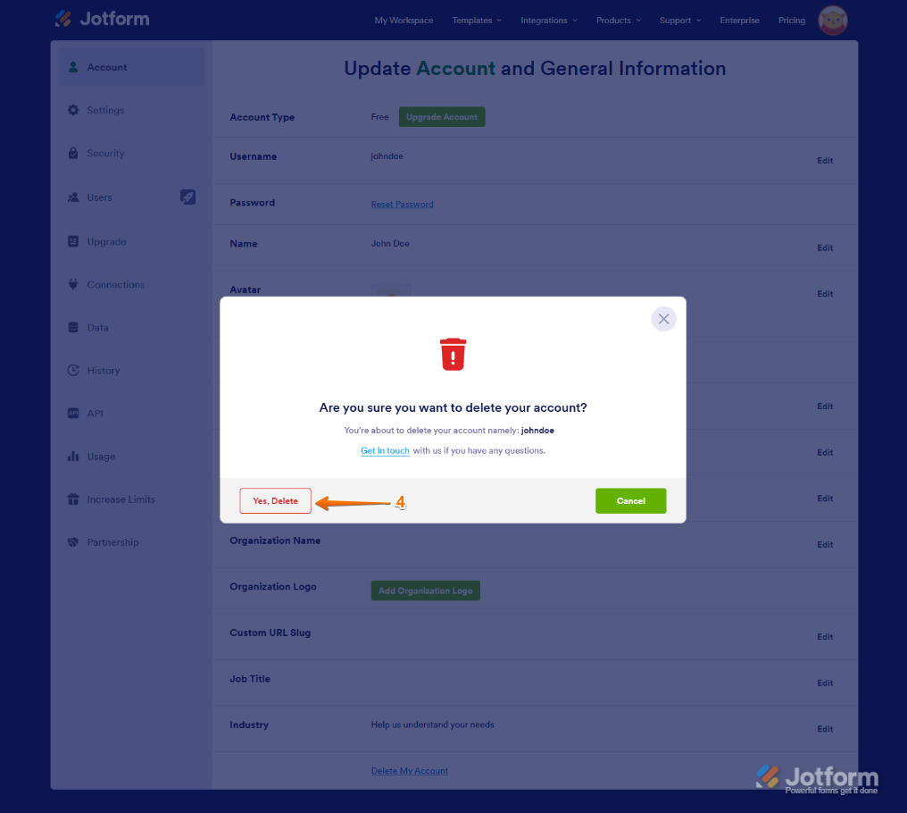 Botón Sí, eliminar en la ventana de confirmación en la página de cuenta de Jotform