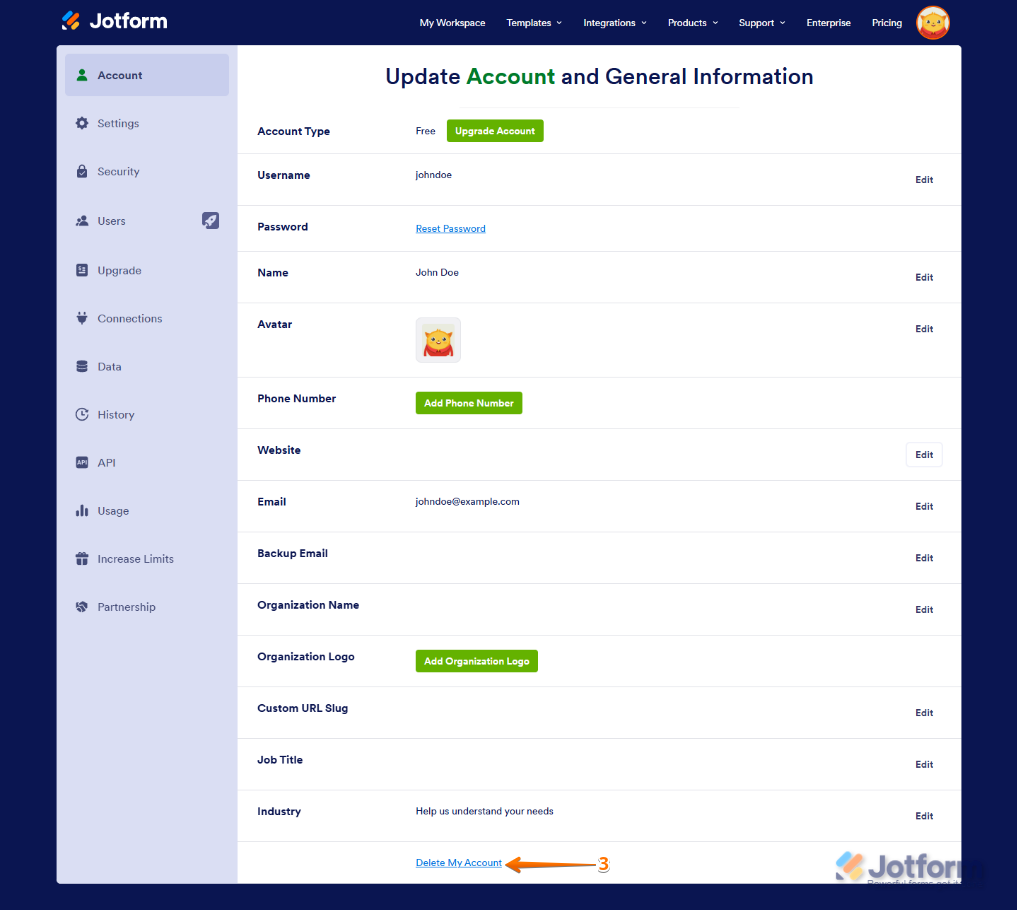 Botón Eliminar mi cuenta en la página de cuenta de Jotform