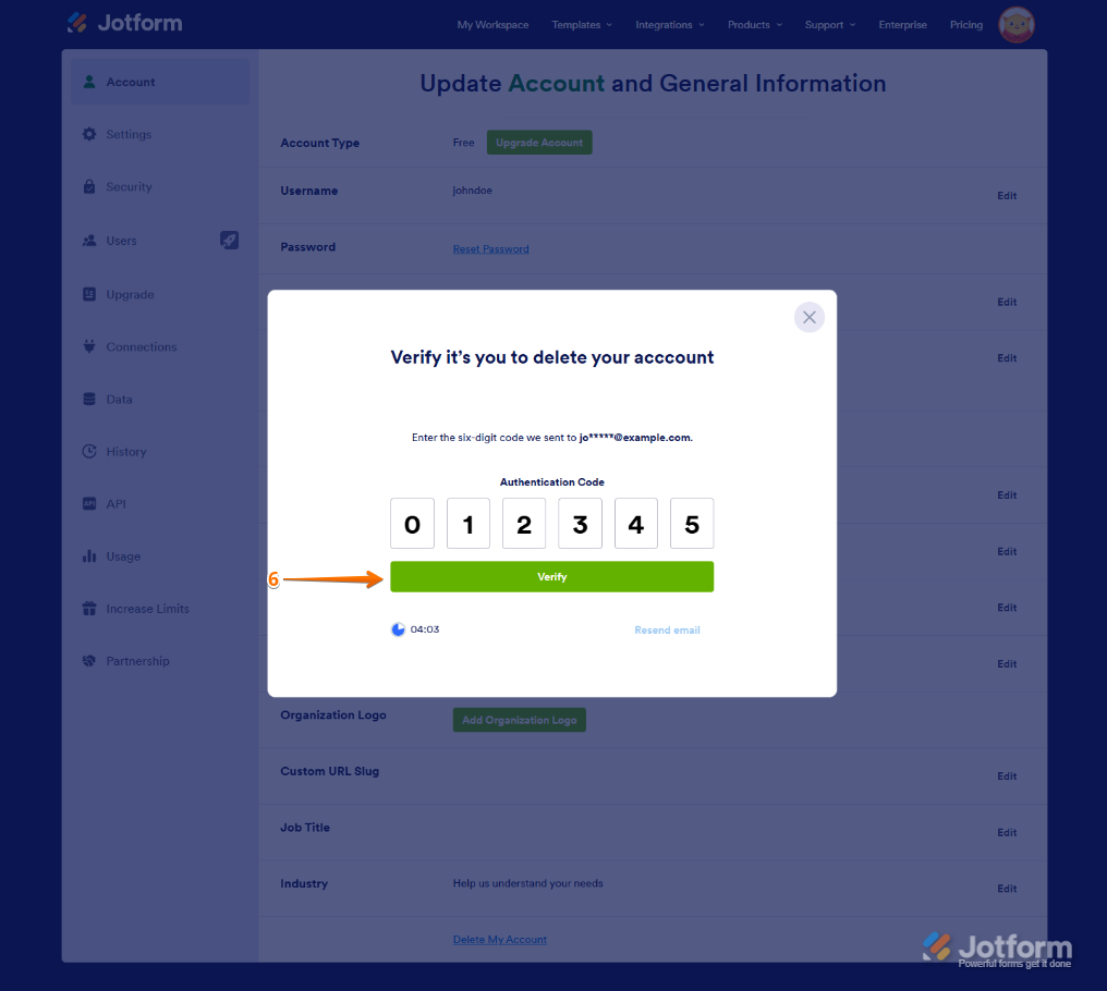 Botón Verificar del código de autenticación en la ventana Verificar en la página de cuenta de Jotform