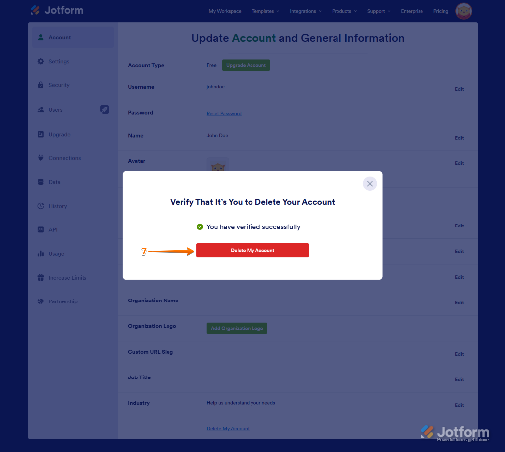 Botón Eliminar mi cuenta en la ventana Verificar en la página de cuenta de Jotform