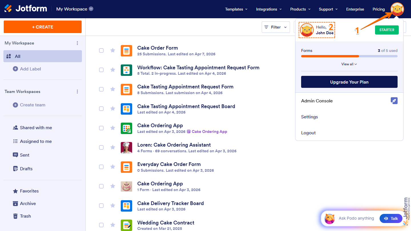 Account Name in the Account Avatar menu on Jotform My Workspace page