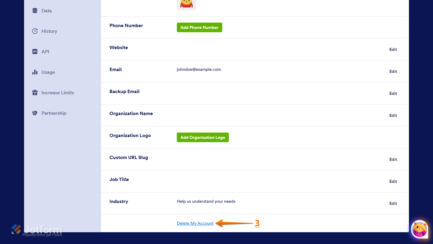 Delete My Account button on the Jotform Account page