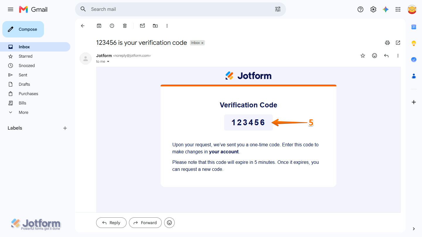 Verification Code in the Verify Changes Email sent to Jotform Account email address