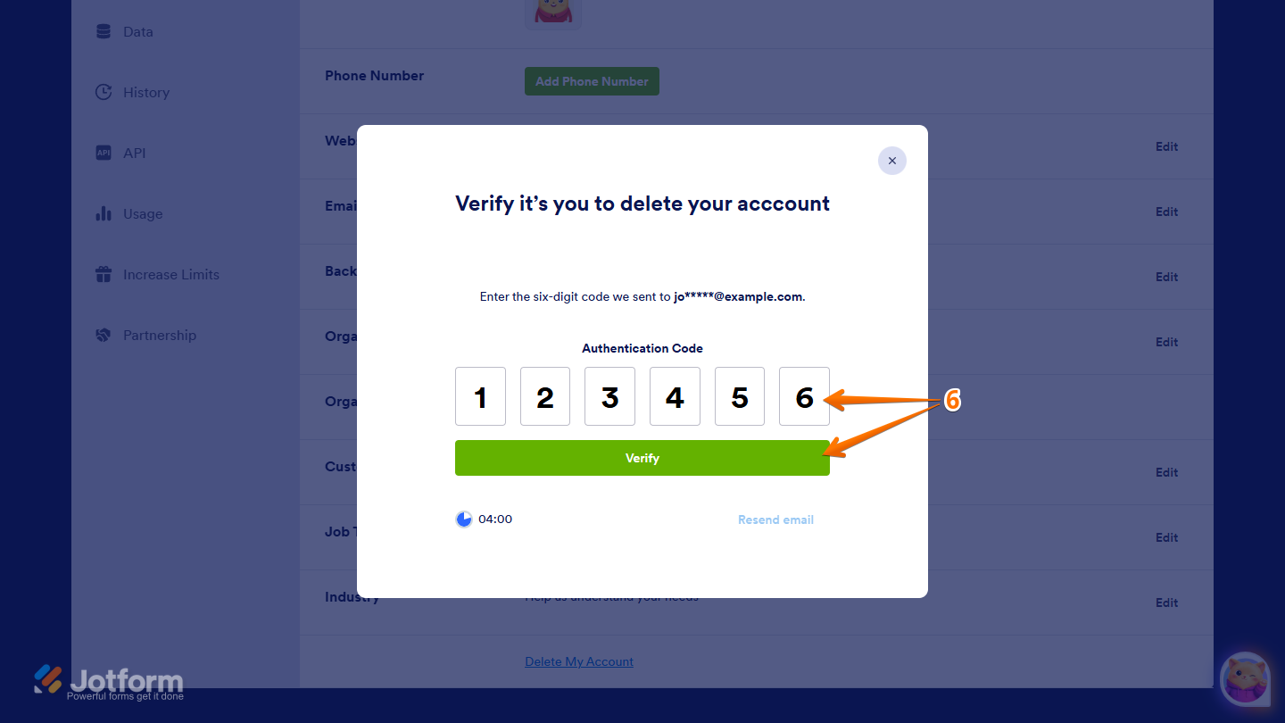 Verify button of the Authentication Code section in the Verify window on the Jotform Account page