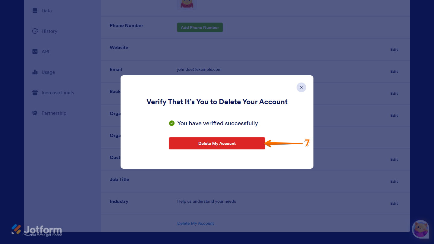Delete My Account button in the Verify window on the Jotform Account page