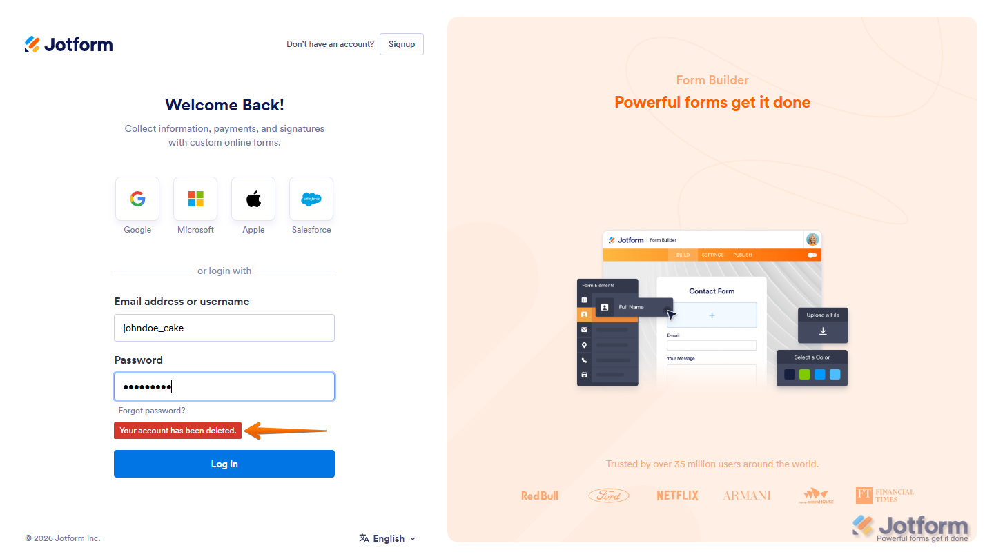 Deleted Account message on the Jotform Login page